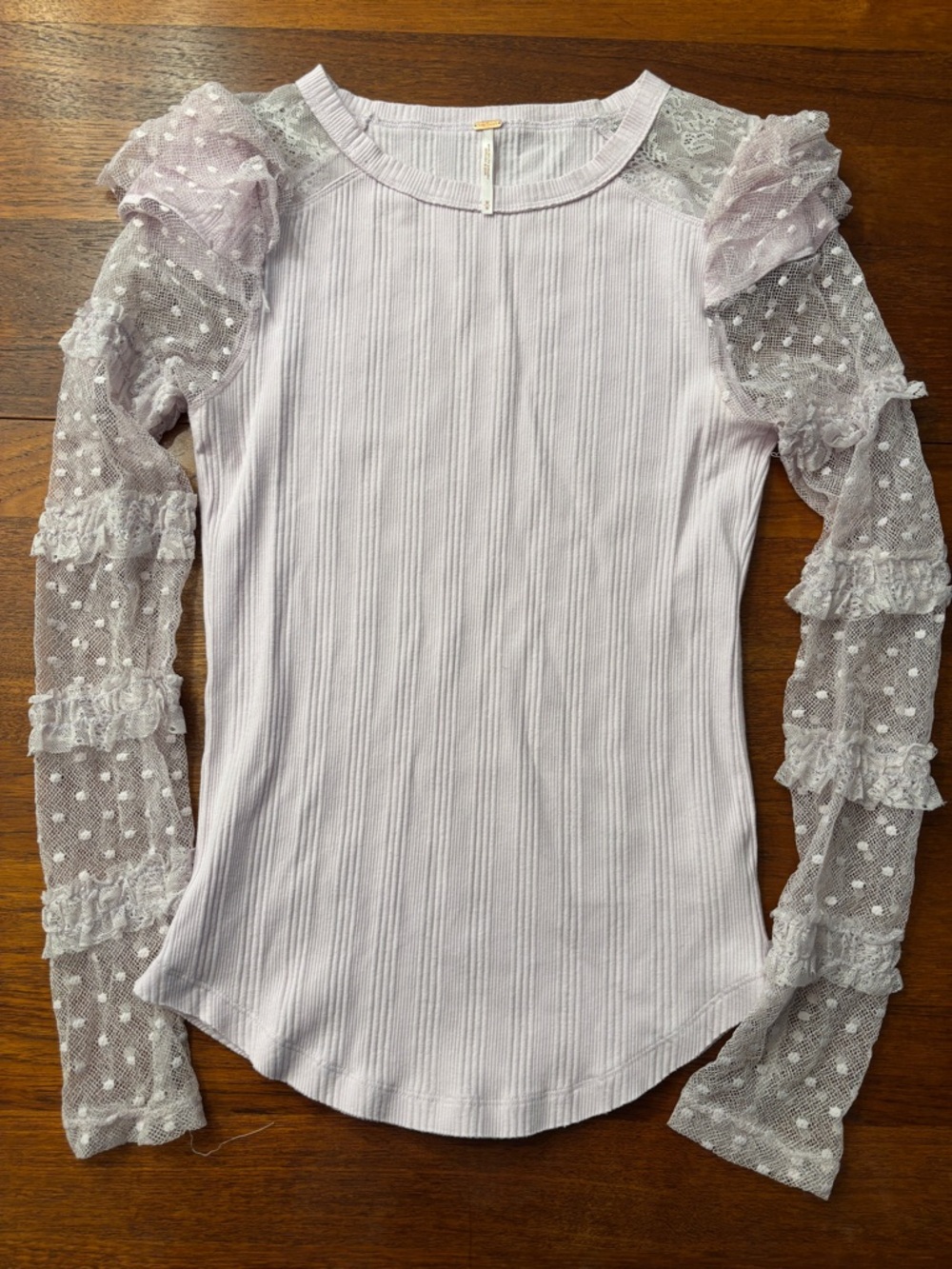 Free People Lavender Ribbed Long-Sleeve Top with Ruffle Mesh Sleeves